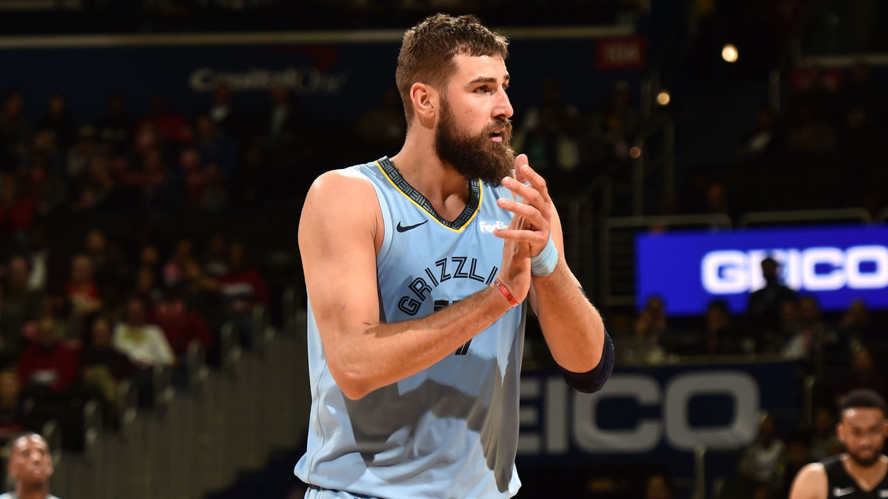 WASHINGTON, DC - MARCH 16: Jonas Valanciunas #17 of the Memphis Grizzlies reacts to a play during the game against the Washington Wizards on March 16, 2019 at Capital One Arena in Washington, DC. NOTE TO USER: User expressly acknowledges and agrees that, by downloading and/or using this photograph, user is consenting to the terms and conditions of the Getty Images License Agreement. Mandatory Copyright Notice: Copyright 2019 NBAE