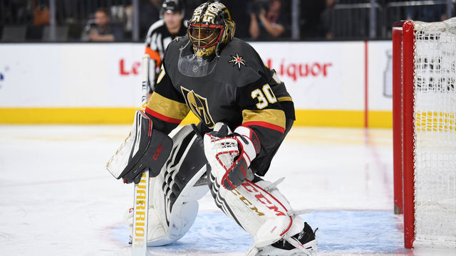 LAS VEGAS, NV - APRIL 01: Malcolm Subban #30 of the Vegas Golden Knights tends goal during the second period against the Edmonton Oilers at T-Mobile Arena on April 1, 2019 in Las Vegas, Nevada.
