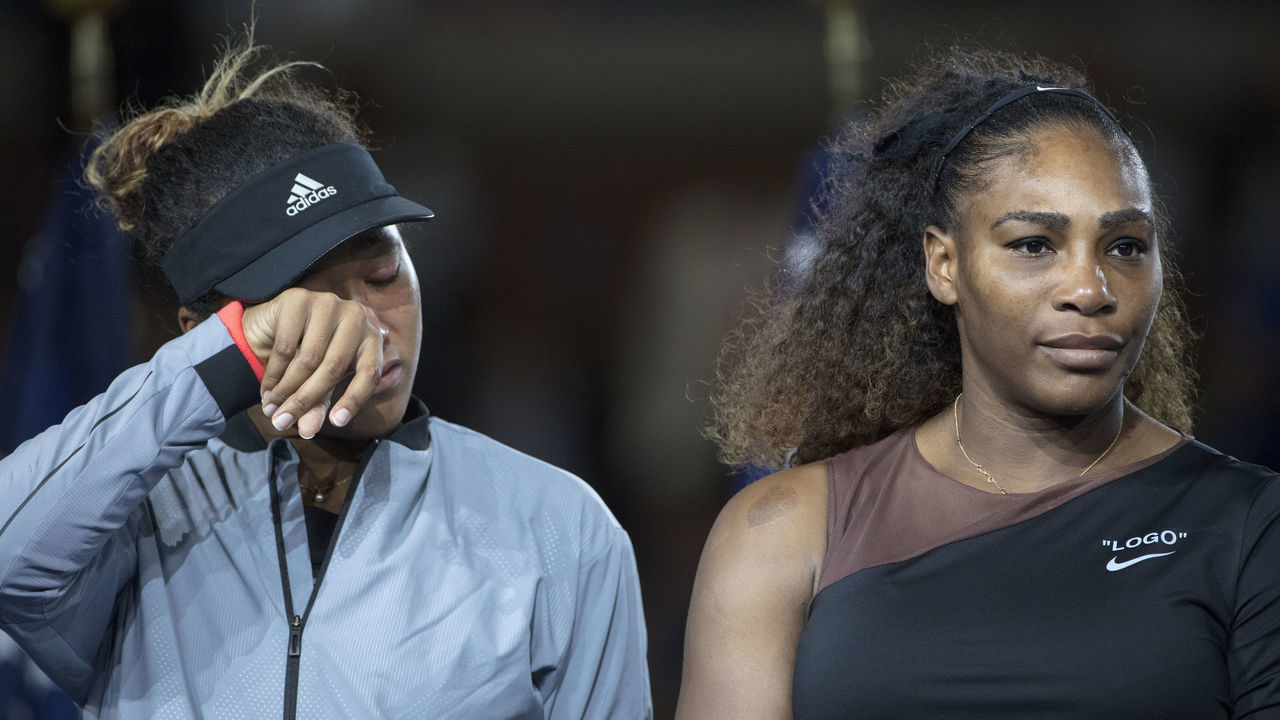 2018 US Open Tennis Tournament- Day Thirteen. Naomi Osaka of Japan crying with Serena Williams of the United States at the presentations after the Women's Singles Final on Arthur Ashe Stadium at the 2018 US Open Tennis Tournament at the USTA Billie Jean King National Tennis Center on September 8th, 2018 in Flushing, Queens, New York City.