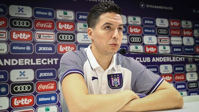 Anderlecht's new player French midfielder Samir Nasri speaks during a press conference in Brussels on July 9, 2019. - The former French international Samir Nasri has committed for one year, with an option for another year, with Anderlecht, the Belgian club announced on its website on July 5.