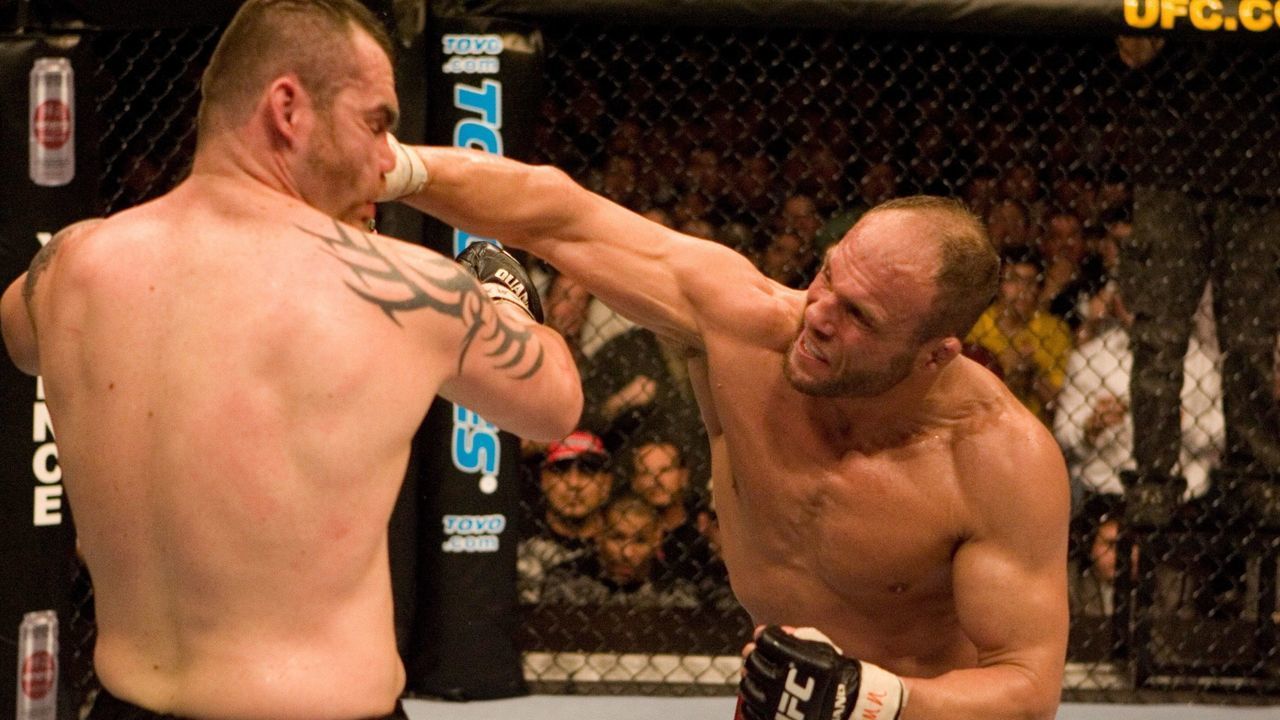 COLUMBUS, OHIO - MARCH 3: Randy Couture (red shorts) def. Tim Sylvia (camo/black shorts) - Unanimous Decision during UFC 68 at Nationwide Arena on March 3, 2007 in Columbus, Ohio.