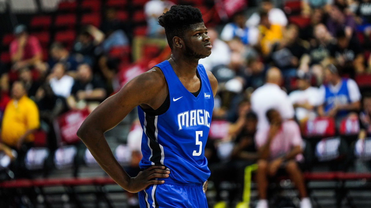 LAS VEGAS, NEVADA - JULY 05: Mo Bamba #5 of the Orlando Magic looks on in a game against the San Antonio Spurs at NBA Summer League on July 05, 2019 in Las Vegas, Nevada.