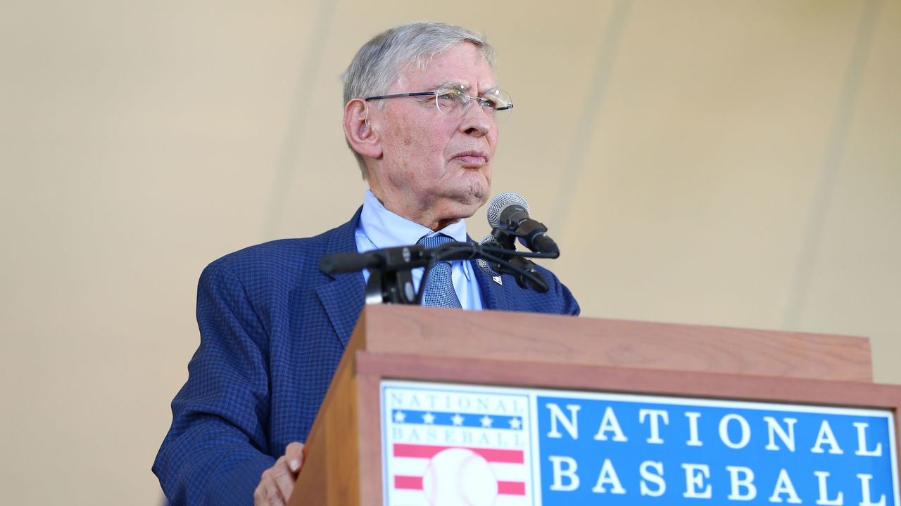 COOPERSTOWN, NY - JULY 30: Inductee Commissioner Emeritus Allan H. "Bud" Selig speaks during the 2017 Hall of Fame Induction Ceremony at the National Baseball Hall of Fame on Sunday July 30, 2017 in Cooperstown, New York.