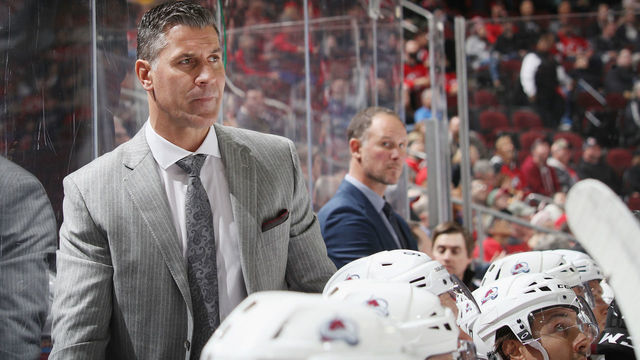 NEWARK, NEW JERSEY - OCTOBER 18: Head Coach Jared Bednar of the Colorado Avalanche works the game against the New Jersey Devils at the Prudential Center on October 18, 2018 in Newark, New Jersey. The Avalanche defeated the Devils 5-3.