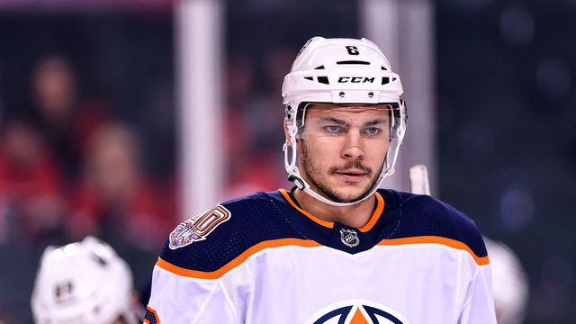 CALGARY, AB - APRIL 06: Edmonton Oilers Right Wing Ty Rattie (8) warms up before an NHL game where the Calgary Flames hosted the Edmonton Oilers on April 6, 2019, at the Scotiabank Saddledome in Calgary, AB.