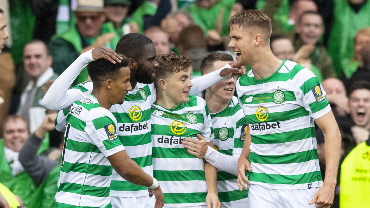 25th May 2019, Hampden Park, Glasgow, Scotland; Scottish Football Cup Final, Heart of Midlothian versus Celtic; Odsonne Edouard of Celtic celebrates with team mates in front of fans after scoring the winning goal to make it 2-1 for Celtic goal
