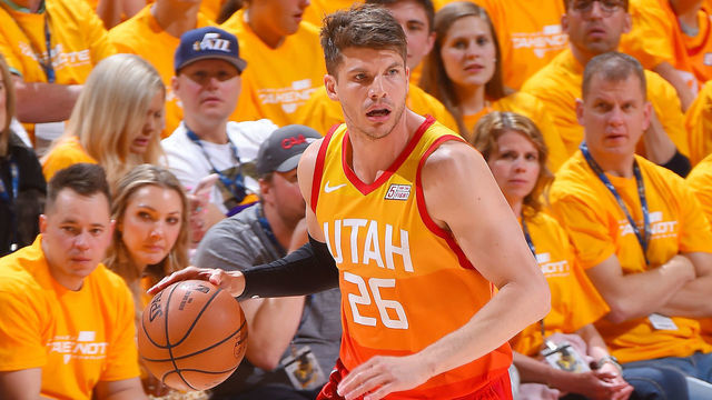 SALT LAKE CITY, UT - APRIL 20: Kyle Korver #26 of the Utah Jazz handles the ball during the game against the Houston Rockets during Game Three of Round One of the 2019 NBA Playoffs on April 20, 2019 at the Vivint Smart Home Arena in Salt Lake City, Utah. Mandatory Copyright Notice: Copyright 2019 NBAE