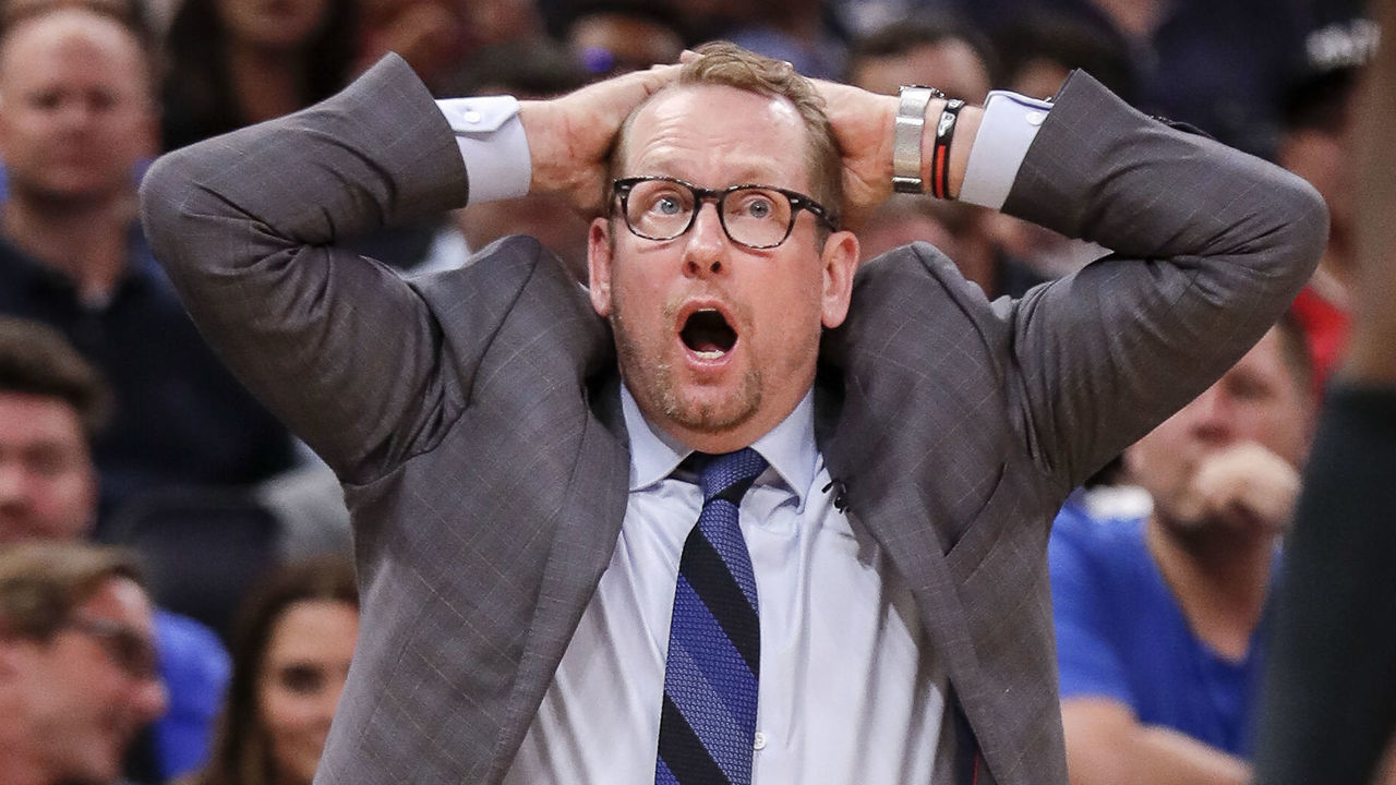ORLANDO, FL - APRIL 21: Head Coach Nick Nurse of the Toronto Raptors reacts to a call by the officials against the Orlando Magic during Game Four of the first round of the 2019 NBA Eastern Conference Playoffs at the Amway Center on April 21, 2019 in Orlando, Florida. The Raptors defeated the Magic 107 to 85.
