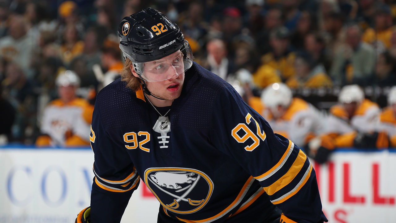 BUFFALO, NY - APRIL 2: Alexander Nylander #92 of the Buffalo Sabres prepares for a faceoff against the Nashville Predators during an NHL game on April 2, 2019 at KeyBank Center in Buffalo, New York.