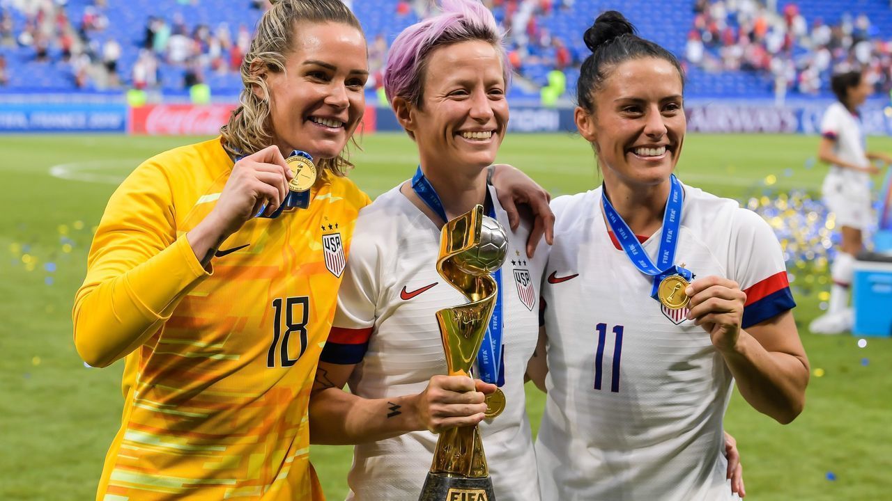 (L-R) goalkeeper Ashlyn Harris of USA women, Megan Rapinoe of USA women, Ali Krieger of USA women during the FIFA Women's World Cup France 2019 final match between United States of America and The Netherlands at Stade de Lyon on July 07, 2019 in Lyon, France