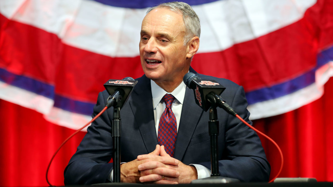 CINCINNATI, OH - MARCH 28: Major League Baseball Commissioner Robert D. Manfred Jr. speaks to the media prior to the game between the Pittsburgh Pirates and the Cincinnati Reds at Great American Ball Park on Thursday, March 28, 2019 in Cincinnati, Ohio.