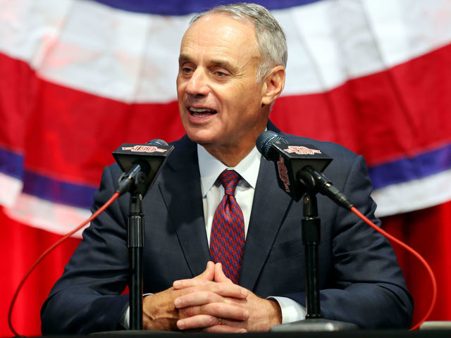 CINCINNATI, OH - MARCH 28: Major League Baseball Commissioner Robert D. Manfred Jr. speaks to the media prior to the game between the Pittsburgh Pirates and the Cincinnati Reds at Great American Ball Park on Thursday, March 28, 2019 in Cincinnati, Ohio.
