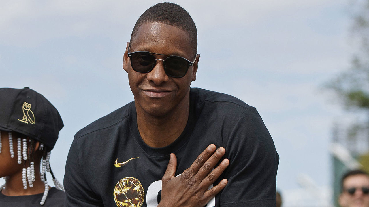 TORONTO, ON - JUNE 17: President Masai Ujiri of the Toronto Raptors looks on from the team vehicle during the Toronto Raptors Championship Victory Parade on June 17, 2019 in Toronto, Ontario. NOTE TO USER: User expressly acknowledges and agrees that, by downloading and/or using this photograph, user is consenting to the terms and conditions of Getty Images License Agreement. Mandatory Copyright Notice: Copyright 2019 NBAE