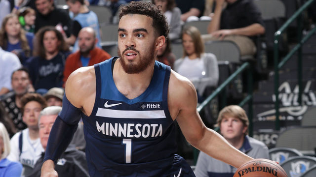 DALLAS, TX - APRIL 3: Tyus Jones #1 of the Minnesota Timberwolves handles the ball during the game against the Dallas Mavericks on April 3, 2019 at the American Airlines Center in Dallas, Texas. Mandatory Copyright Notice: Copyright 2019 NBAE