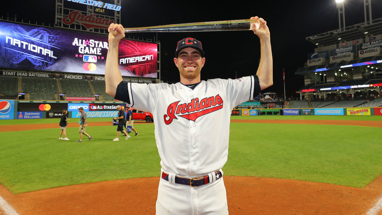 CLEVELAND, OH - JULY 09: Shane Bieber #57 of the Cleveland Indians holds up the the Ted Williams All-Star MVP Award during the 90th MLB All-Star Game at Progressive Field on Tuesday, July 9, 2019 in Cleveland, Ohio.