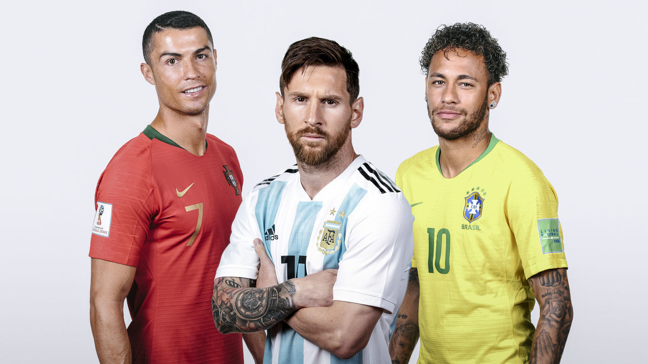 RUSSIA - JUNE: (Images used in this composite 971463032,972635442,973385414) In this composite image,Lionel Messi of Argentina,Cristiano Ronaldo of Portugal,Neymar of Brazil pose for a portrait during the official FIFA World Cup 2018 portrait session during June 2018 in Russia.