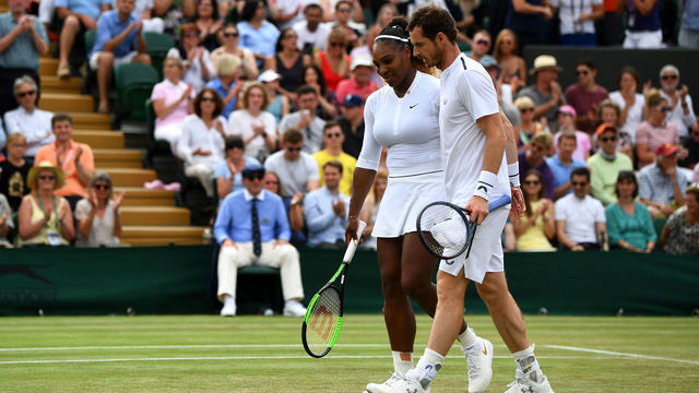 Andy Murray and Serena Williams following their defeat in the mixed doubles match against Bruno Soares and Nicole Melichar on day nine of the Wimbledon Championships at the All England Lawn Tennis and Croquet Club, Wimbledon.