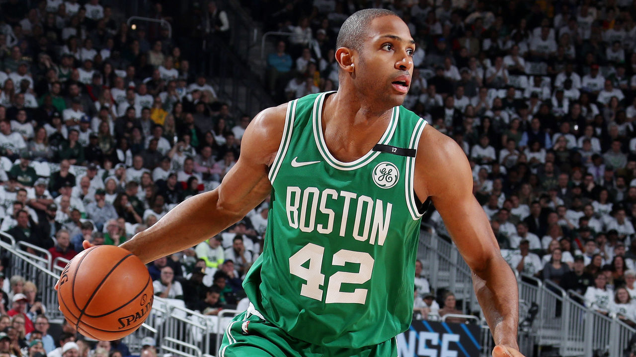 MILWAUKEE, WI - APRIL 30: Al Horford #42 of the Boston Celtics handles the ball against the Milwaukee Bucks during Game Two of the Eastern Conference Semi Finals of the 2019 NBA Playoffs on April 30, 2019 at the Fiserv Forum Center in Milwaukee, Wisconsin. Mandatory Copyright Notice: Copyright 2019 NBAE .