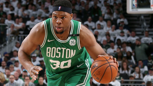 MILWAUKEE, WI - APRIL 30: Guerschon Yabusele #30 of the Boston Celtics handles the ball against the Milwaukee Bucks during Game Two of the Eastern Conference Semifinals of the 2019 NBA Playoffs on April 30, 2019 at the Fiserv Forum Center in Milwaukee, Wisconsin. Mandatory Copyright Notice: Copyright 2019 NBAE .