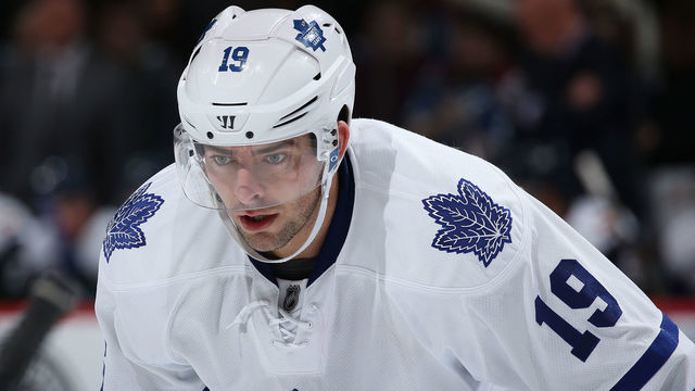DENVER, CO - DECEMBER 21: Joffrey Lupul #19 of the Toronto Maple Leafs awaits a face off against the Colorado Avalanche at Pepsi Center on December 21, 2015 in Denver, Colorado. The Maple Leafs defeated the Avalanche 7-4.