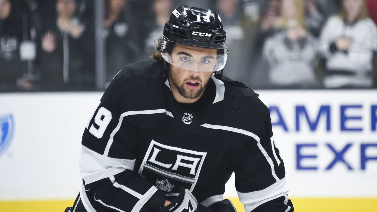 LOS ANGELES, CA - MARCH 7: Alex Iafallo #19 of the Los Angeles Kings skates during warm-up before the game against the St. Louis Blues at STAPLES Center on March 7, 2019 in Los Angeles, California. *** Local Caption ***