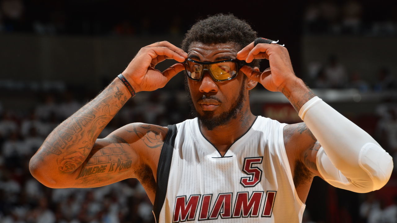 MIAMI,FL - APRIL 20: Amar'e Stoudemire #5 of the Miami Heat looks on against the Charlotte Hornets during the Eastern Conference playoffs First Round Game Two on April 20, 2016 at the American Airlines Arena in Miami, Florida. NOTE TO USER: User expressly acknowledges and agrees that, by downloading and/or using this Photograph, user is consenting to the terms and conditions of the Getty Images License Agreement. Mandatory Copyright Notice: Copyright 2016 NBAE