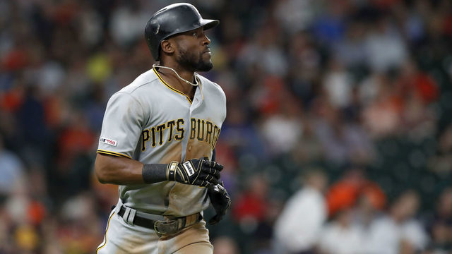HOUSTON, TX - JUNE 27: Starling Marte #6 of the Pittsburgh Pirates hits a solo home run in the fifth inning against the Houston Astros at Minute Maid Park on June 27, 2019 in Houston, Texas.