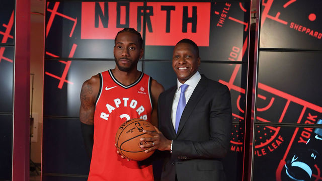 TORONTO, ON - SEPTEMBER 24: Kawhi Leonard #2 and Masai Ujiri of the Toronto Raptors pose for a portrait at a press conference after media day on September 24, 2018 at the Air Canada Centre in Toronto, Ontario, Canada. Mandatory Copyright Notice: Copyright 2018 NBAE