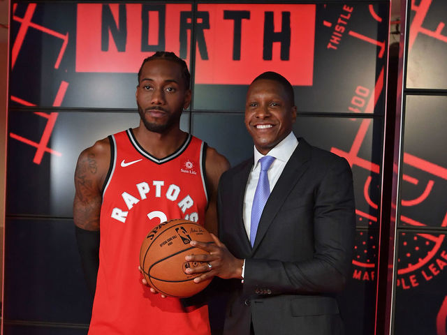 TORONTO, ON - SEPTEMBER 24: Kawhi Leonard #2 and Masai Ujiri of the Toronto Raptors pose for a portrait at a press conference after media day on September 24, 2018 at the Air Canada Centre in Toronto, Ontario, Canada. Mandatory Copyright Notice: Copyright 2018 NBAE