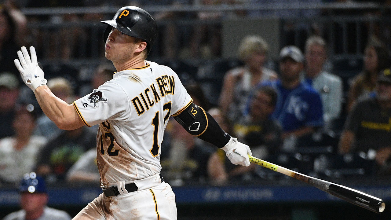 PITTSBURGH, PA - SEPTEMBER 19: Corey Dickerson #12 of the Pittsburgh Pirates doubles to left field in the sixth inning during the game against the Kansas City Royals at PNC Park on September 19, 2018 in Pittsburgh, Pennsylvania.