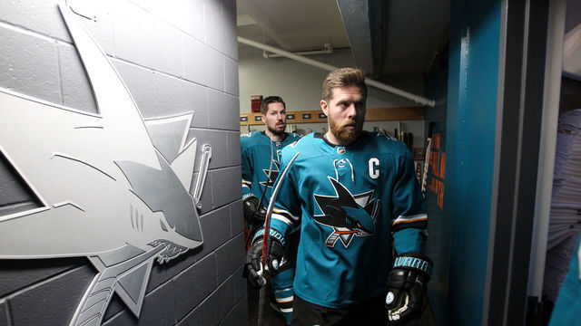 SAN JOSE, CA - MAY 19: Joe Pavelski #8 of the San Jose Sharks takes the ice for warmups against the St. Louis Blues in Game Five of the Western Conference Final during the 2019 NHL Stanley Cup Playoffs at SAP Center on May 19, 2019 in San Jose, California