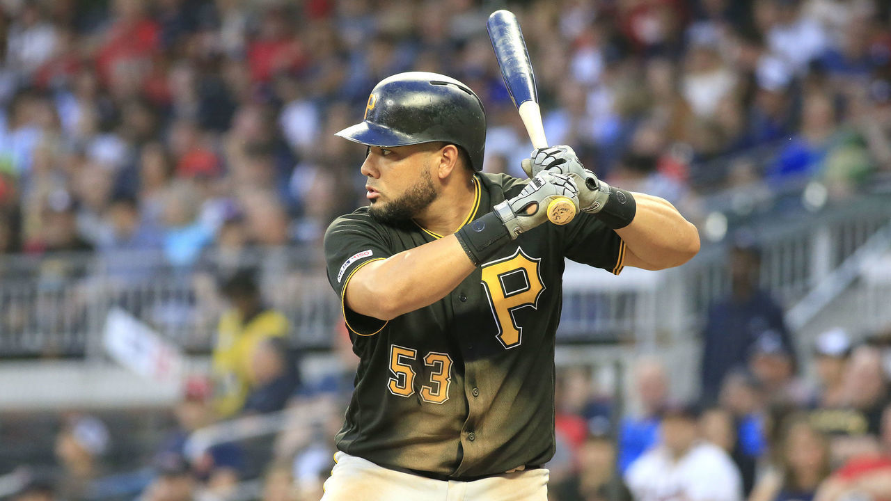 ATLANTA, GA - JUNE 12: Pittsburgh Pirates Outfielder Melky Cabrera (53) bats during the regular season MLB game between the Atlanta Braves and the Pittsburgh Pirates on June 12, 2019 at SunTrust Park in Atlanta, GA.