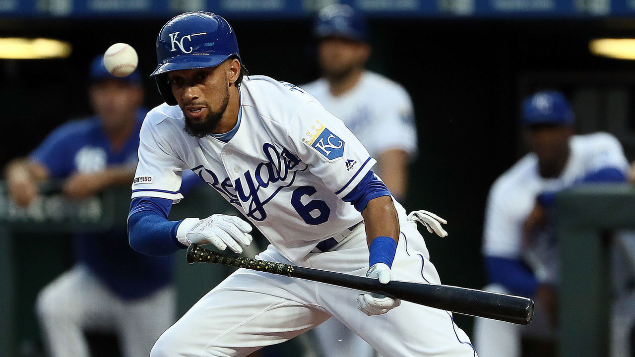 KANSAS CITY, MISSOURI - JUNE 11: Billy Hamilton #6 of the Kansas City Royals bunts during the 3rd inning of the game against the Detroit Tigers at Kauffman Stadium on June 11, 2019 in Kansas City, Missouri.