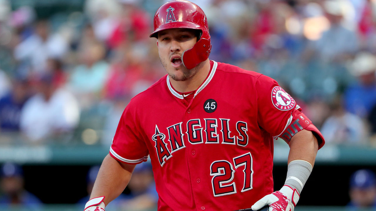 ARLINGTON, TEXAS - JULY 02: Mike Trout #27 of the Los Angeles Angels reacts to a pitch against the Texas Rangers in the top of the first inning at Globe Life Park in Arlington on July 02, 2019 in Arlington, Texas.