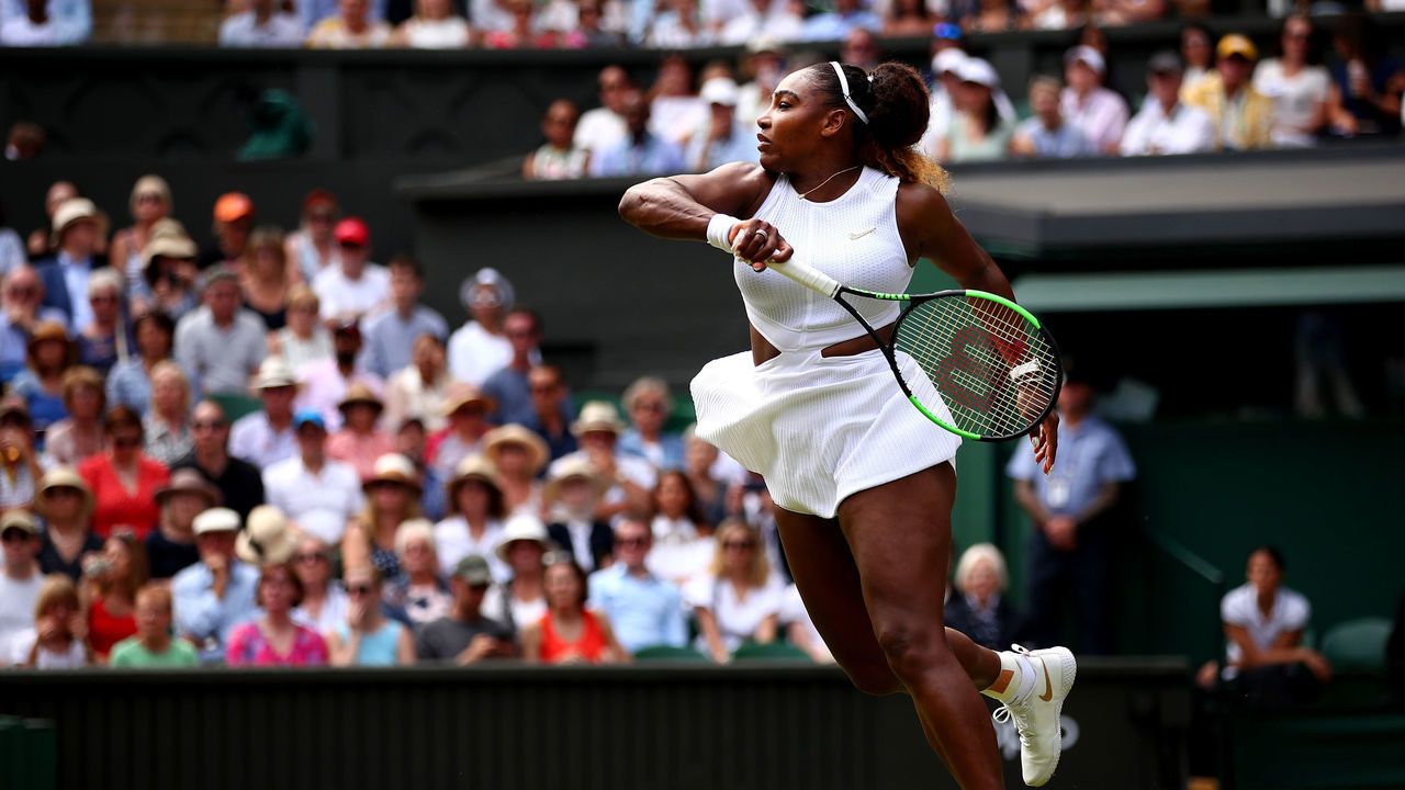 LONDON, ENGLAND - JULY 11: Serena Williams of The United States plays a forehand in her Ladies' Singles semi-final match against Barbora Strycova of The Czech Republic during Day Ten of The Championships - Wimbledon 2019 at All England Lawn Tennis and Croquet Club on July 11, 2019 in London, England.