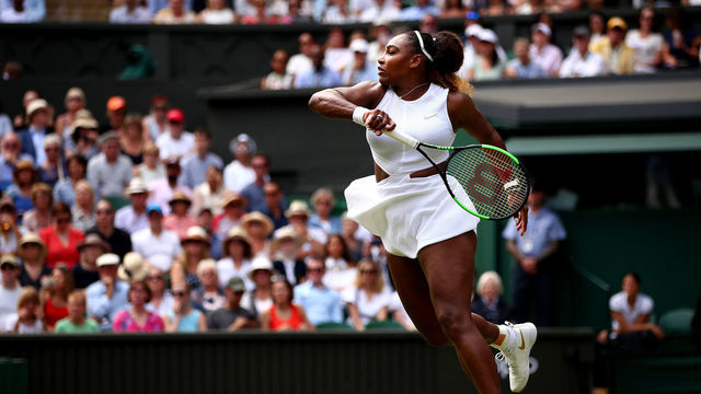 LONDON, ENGLAND - JULY 11: Serena Williams of The United States plays a forehand in her Ladies' Singles semi-final match against Barbora Strycova of The Czech Republic during Day Ten of The Championships - Wimbledon 2019 at All England Lawn Tennis and Croquet Club on July 11, 2019 in London, England.