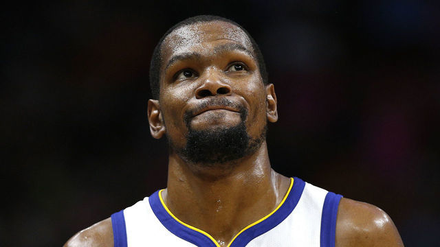 MIAMI, FLORIDA - FEBRUARY 27: Kevin Durant #35 of the Golden State Warriors reacts against the Miami Heat at American Airlines Arena on February 27, 2019 in Miami, Florida.