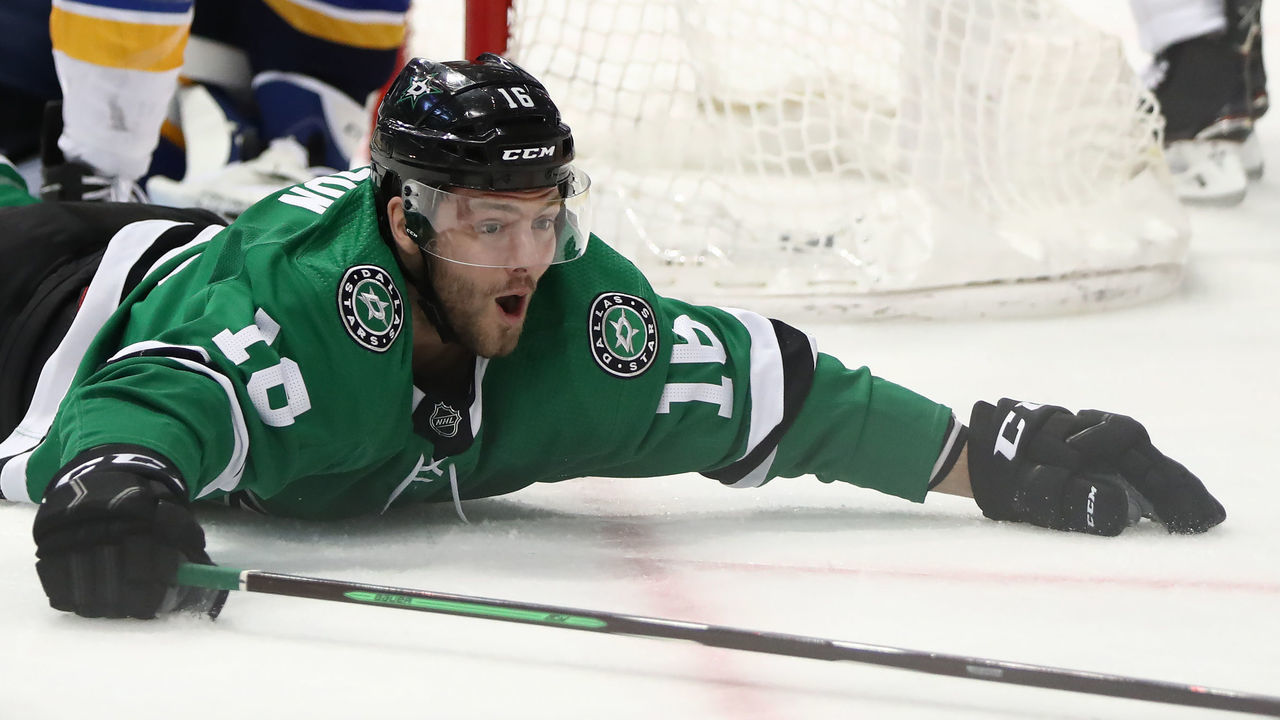 DALLAS, TEXAS - MAY 01: Jason Dickinson #16 of the Dallas Stars celebrates a goal against the St. Louis Blues during the first period of Game Four of the Western Conference Second Round of the 2019 NHL Stanley Cup Playoffs at American Airlines Center on May 1, 2019 in Dallas, Texas.