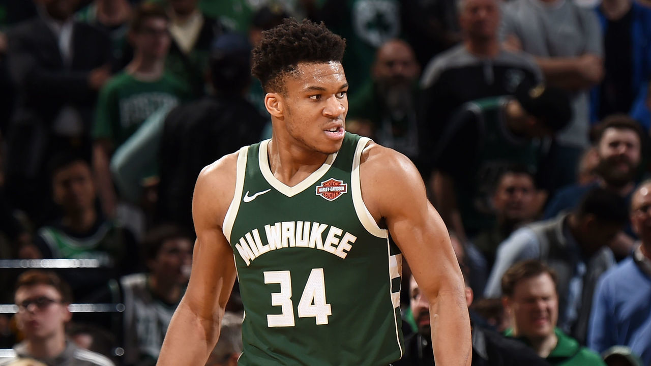 BOSTON, MA - MAY 6: Giannis Antetokounmpo #34 of the Milwaukee Bucks reacts to a play against the Boston Celtics during Game Four of the Eastern Conference Semifinals of the 2019 NBA Playoffs on May 6, 2019 at the TD Garden in Boston, Massachusetts. NOTE TO USER: User expressly acknowledges and agrees that, by downloading and/or using this photograph, user is consenting to the terms and conditions of the Getty Images License Agreement. Mandatory Copyright Notice: Copyright 2019 NBAE