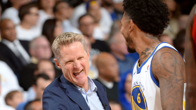 OAKLAND, CA - OCTOBER 17: Nick Young #6 and Head Coach Steve Kerr of the Golden State Warriors high five during the game against the Houston Rockets on October 17, 2017 at ORACLE Arena in Oakland, California. NOTE TO USER: User expressly acknowledges and agrees that, by downloading and or using this photograph, user is consenting to the terms and conditions of Getty Images License Agreement. Mandatory Copyright Notice: Copyright 2017 NBAE