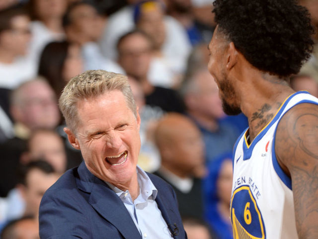 OAKLAND, CA - OCTOBER 17: Nick Young #6 and Head Coach Steve Kerr of the Golden State Warriors high five during the game against the Houston Rockets on October 17, 2017 at ORACLE Arena in Oakland, California. NOTE TO USER: User expressly acknowledges and agrees that, by downloading and or using this photograph, user is consenting to the terms and conditions of Getty Images License Agreement. Mandatory Copyright Notice: Copyright 2017 NBAE
