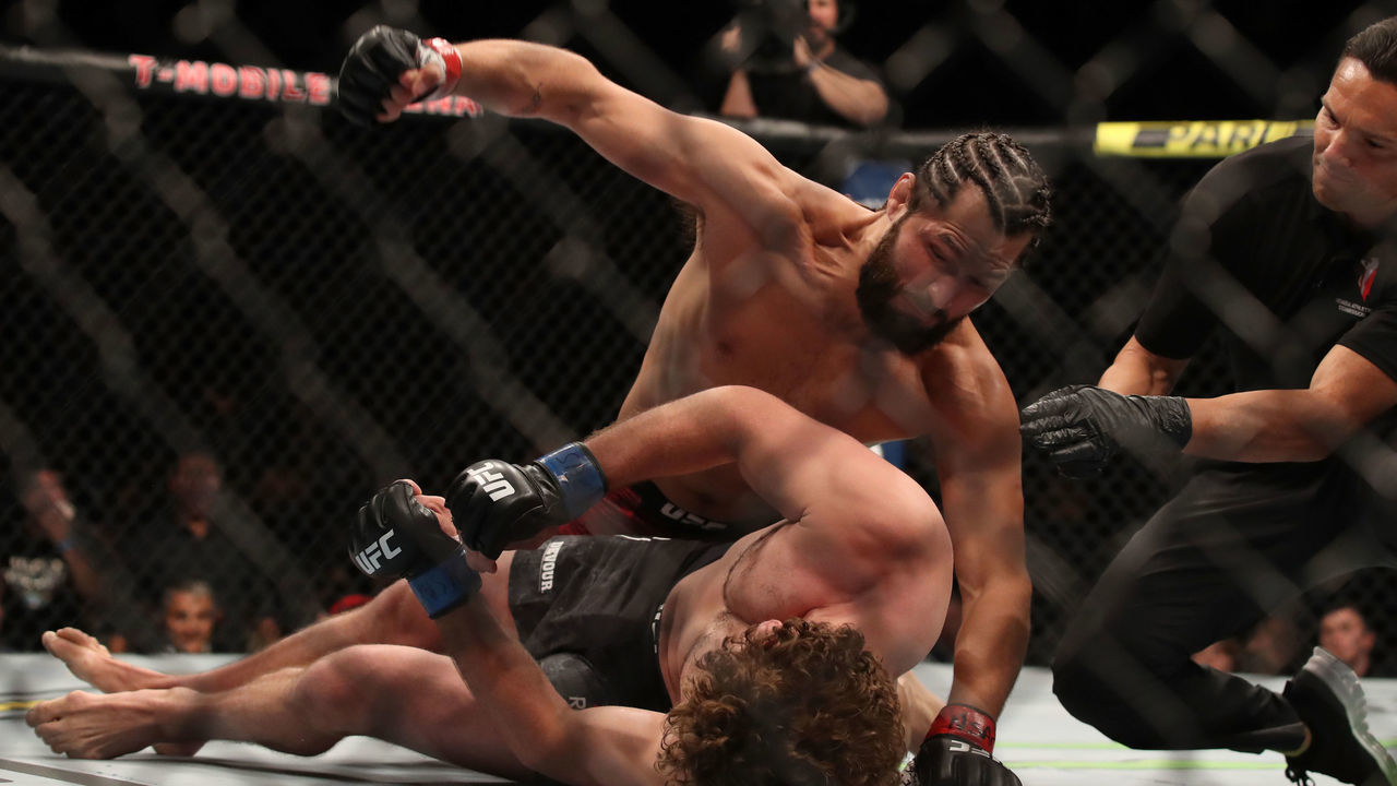 LAS VEGAS, NV - JULY 06: Jorge Masvidal finishes Ben Askren in their welterweight fight during the UFC 239 event at T-Mobile Arena on July 6, 2019 in Las Vegas, Nevada.