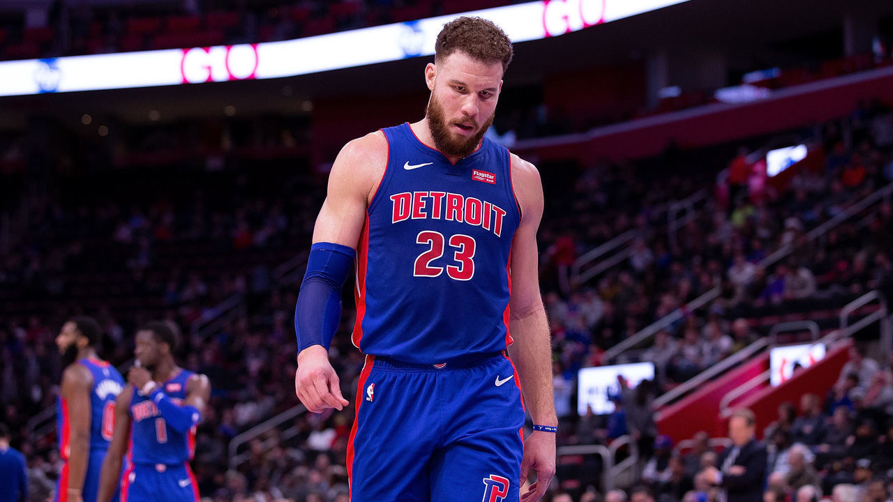 DETROIT, MI - JANUARY 29: Blake Griffin #23 of the Detroit Pistons looks to the sidelines during the fourth quarter of the game against the Milwaukee Bucks at Little Caesars Arena on January 29, 2019 in Detroit, Michigan. Milwaukee defeated Detroit 115-105.