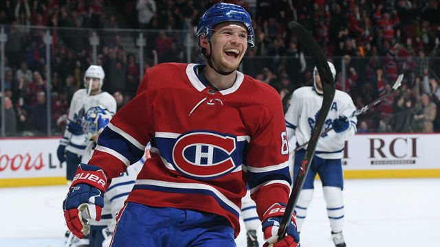 MONTREAL, QC - APRIL 6: Artturi Lehkonen #62 of the Montreal Canadiens celebrates a goal against the Toronto Maple Leafs in the NHL game at the Bell Centre on April 6, 2019 in Montreal, Quebec, Canada.