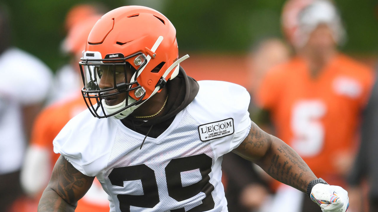 BEREA, OH - JUNE 4, 2019: Running back Duke Johnson Jr. #29 of the Cleveland Browns runs a route during a mandatory mini camp practice on June 4, 2019 at the Cleveland Browns training facility in Berea, Ohio. (Photo by: 2019 Nick Cammett/Diamond Images/Getty Images)