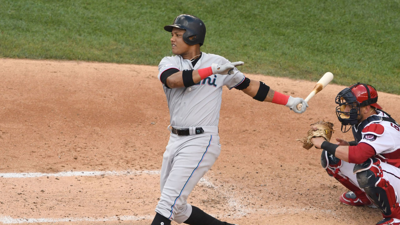 WASHINGTON, DC - JULY 03: Starlin Castro #13 of the Miami Marlins takes a swing during a baseball game against the Washington Nationals at Nationals Park on July 3, 2019 in Washington, DC.