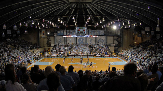 CHAPEL HILL, NC - FEBRUARY 08: A sold-out stadium watches the tip-off between the North Carolina Tar Heels and the Duke University Blue Devils during their game February 8, 2007 at Carmichael Auditorium in Chapel Hill, North Carolina.