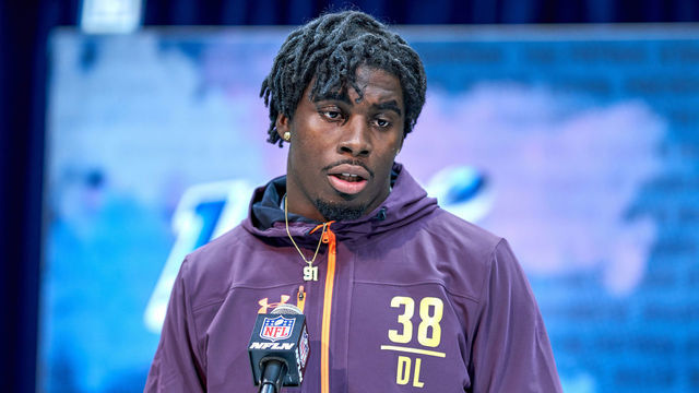INDIANAPOLIS, IN - MARCH 02: Wyoming edge rusher Carl Granderson answers questions from the media during the NFL Scouting Combine on March 02, 2019 at the Indiana Convention Center in Indianapolis, IN.