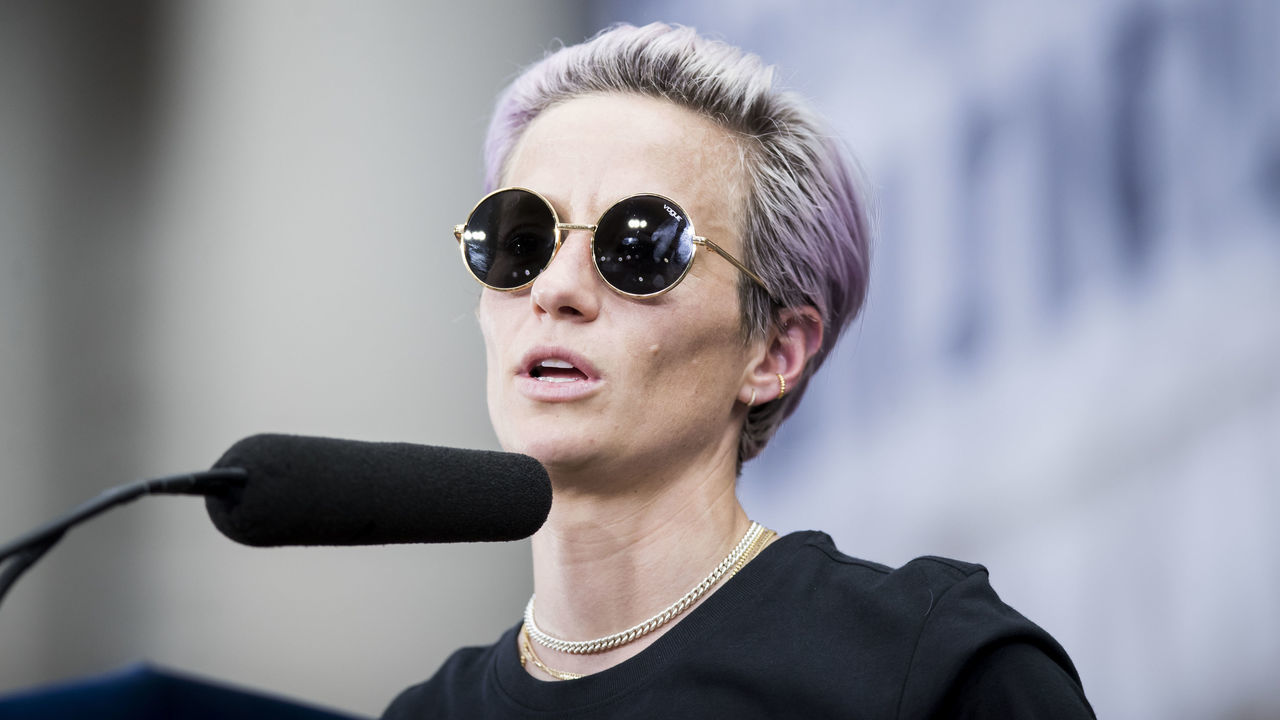 MANHATTAN, NY - JULY 10: Megan Rapinoe #15 of United States gives an impassioned speech on the steps of City Hall after the ticker tape parade down Broadway and through the through the Canyon of Heroes,. This celebration was put on by the City of Manhattan to honor the team winning the 2019 FIFA World Cup Championship title, their fourth, played in France against Netherlands, at the City Hall Ceremony in the Manhattan borough of New York on July 10, 2019, USA.