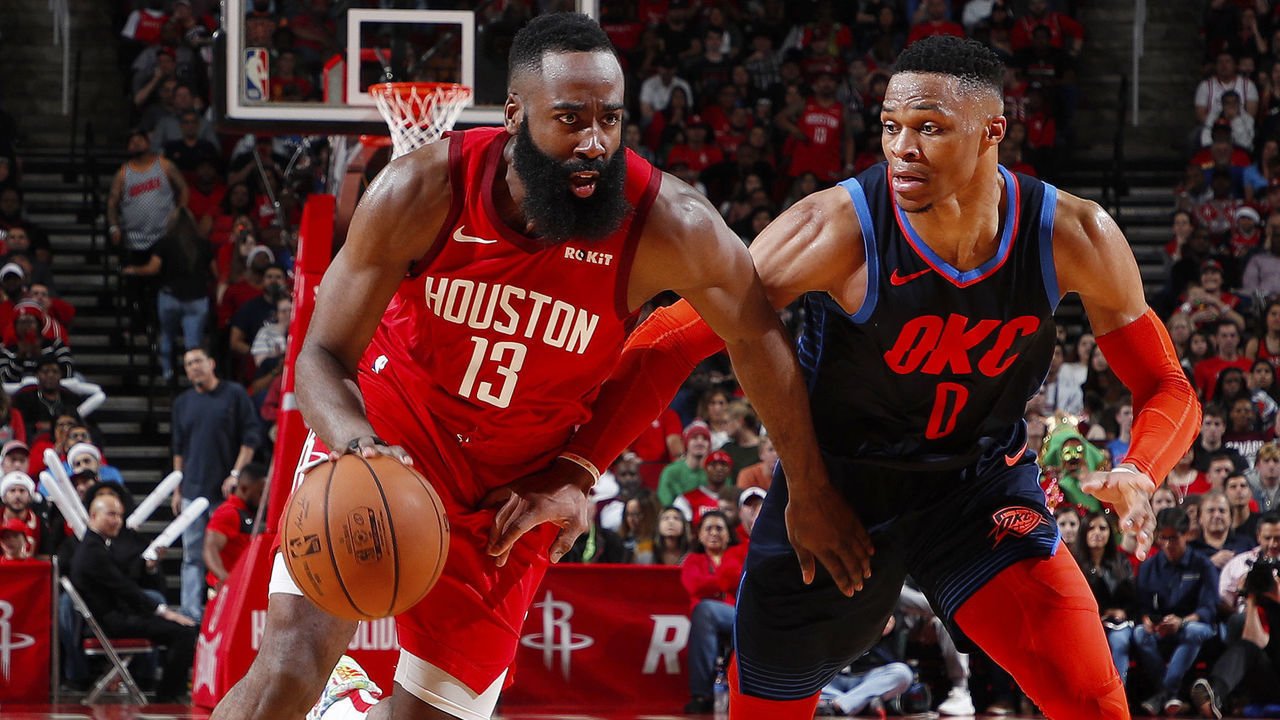 HOUSTON, TX - DECEMBER 25: James Harden #13 of the Houston Rockets handles the ball during the game against Russell Westbrook #0 of the Oklahoma City Thunder on December 25, 2018 at the Toyota Center in Houston, Texas. Mandatory Copyright Notice: Copyright 2018 NBAE